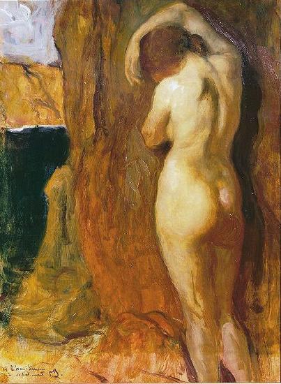 unknow artist Nude Leaning against a Rock Overlooking the Sea, Norge oil painting art